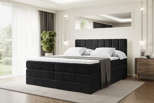 ALTDECOR Boxspringbett mit Matratze und Lattenrost, Topper, Polsterbett mit Bettkasten, Bett mit Stauraum H3- und H4- Matratze, Doppelbett, Springboxbett - OTTA King - 160x200 - Schwarz Samt