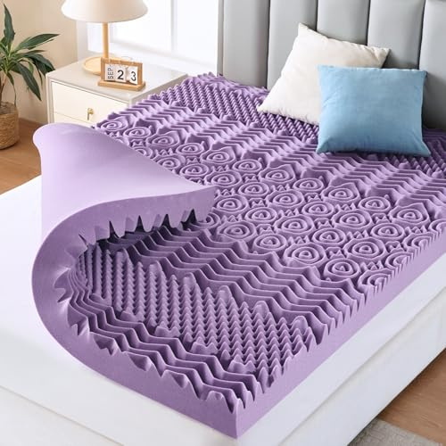 MUXHOMO 3.9 Inch 7-Zone Queen Mattress Topper, Egg Crate Memory Foam Mattress Topper Queen Size for Back Pain, Lavender Cooling Gel Infused Bed Pad, CertiPUR-US and Oeko-TEX Certification (60×80)