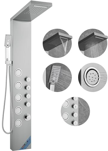 VEVOR Shower Panel System, 4 Shower Modes Shower Panel Tower, Rainfall, Waterfall, 5 Full Body Massage Jets and 3-Setting Handheld Shower Head with 59 Hose, Stainless Steel Wall-Mounted Shower Set