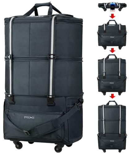Mixi Erweiterbare, faltbare Reisetasche mit Rollen, faltbare Reisetasche mit Griff, große Kapazität, Reisetasche für Reisen für Männer und Frauen, Dunkelgrau, Dunkel_Grau