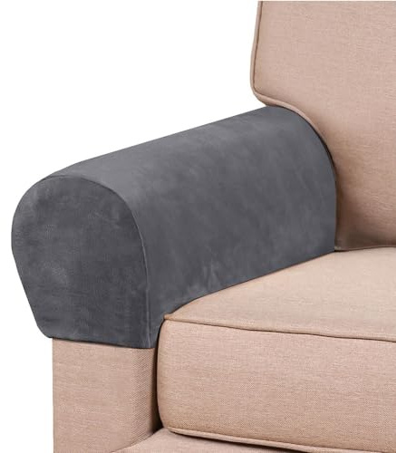 Morbuy Set of 2 Stretch Armchair Covers for Arms, Velvet Armrest Covers Anti-Slip Solid Color Sofa Arm Covers Chair Arm Covers Protectors Sofa Arm Caps Slipcovers (Gray)