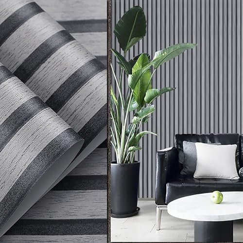 Baketron Dark Gray Wood Slat Wall Panelling - Wood Effect Striped Wallpaper Roll for Living Room, Bedroom, Hallway & Stairs