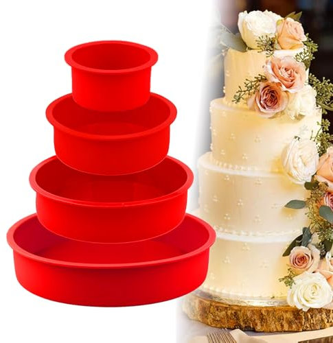 4 Stück Silikon Backform Rund, Kuchenformen Silikon Set, 10 cm 15cm 20cm 25cm, Antihaft Silikon Kuchenform, für Kuchen, Käsekuchen (Rot)