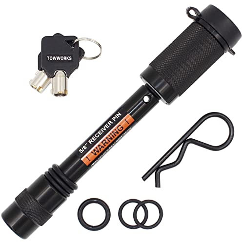 TowWorks 79631 Verrou d'attelage de remorque à clé unique de 1,6 cm avec portée extra longue de 8,9 cm, double goupille de verrouillage pour attelage de classe III IV avec récepteurs de 5,1 cm et 6,3
