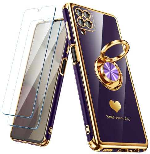 Nonional for Samsung Galaxy A12 Case with 2 Pack Screen Protector, 360° Rotatable Ring Holder [Luxury Hearts Pattern] Plating Gold Edge Slim Soft Phone Cover Case for Galaxy A12 - Purple