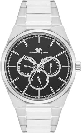 Rhodenwald & Söhne Herren Uhr Edelstahl Silber Quarzwerk 5 ATM | Edelstahl Armband, silber, Gliederarmband, Multifunktion(en), Zifferblatt schwarz, Mineralglas, Armbanduhr