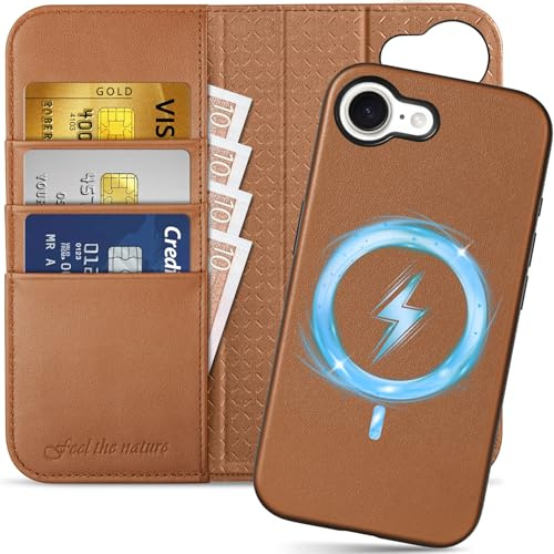SHIELDON Hülle für iPhone 17e 16e, 2 IN 1 Case [Echtleder] [Abnehmbar] [Kabelloses Aufladen] [RFID Blocker] [Magneticsch] Ledertasche Kompatibel mit iPhone16e 2025/17e 2026 6,1 - Sattelbraun