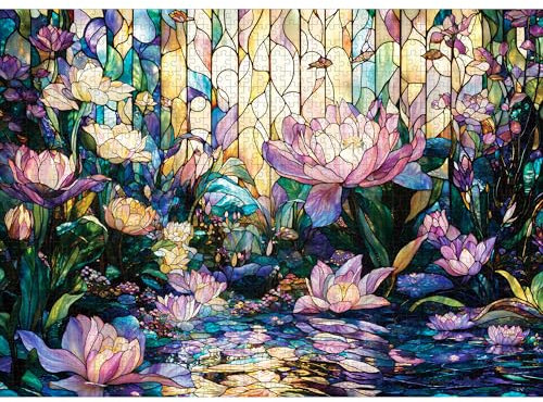lamplig Puzzles for Adults 1000 Pieces - Stained Glass Lotus Mosaic Flower Floral - 1000 Piece Puzzles with Letters on Back - Jigsaw Puzzles 1000 Pieces for Fun Game - 27.6 L X 20.5 W, 1:1 Poster