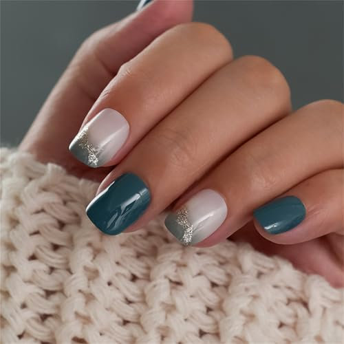 Lot de 24 faux ongles carrés courts à presser en bleu mer brillant pour femme