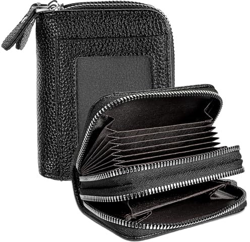 MBAIYO Kreditkartenetui Geldbörsen Schwarz, Klein Geldbeutel Leder RFID-Schutz Kartenhalter mit 14 Kartenfächer Akkordeon Brieftasche mit Reißverschluss Scheckkartenetui Portemonnaie für Damen Herren