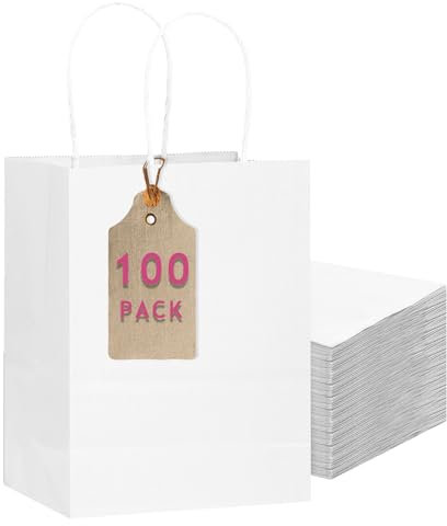 Gcardist 100-Packs White Gift Bags with Handles 11x5x8 Medium Size Present Paper Bags(27x20x12cm)