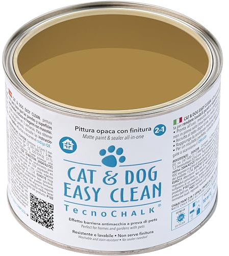 TecnoChalk® Pittura Opaca Antimacchia CAT & DOG EASY CLEAN® - Rende Lavabili Pareti e Superfici Porose - Crea una Barriera Antisporco - Per Casa e Giardino, a Prova di Pets! Giallo Ossido (500 ml)