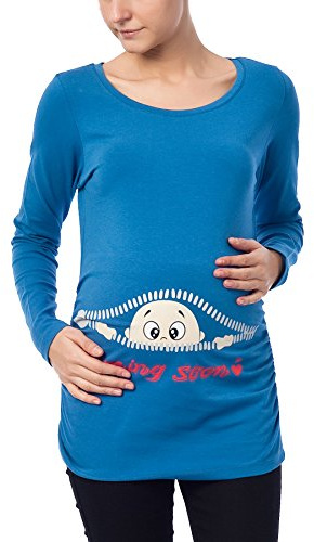 M.M.C. Umstandsshirt Langarm Damen mit Coming-Soon-Motiv – Umstandsmode T-Shirt für die Schwangerschaft, mitwachsende Raffung, 95% Baumwolle, S bis XL