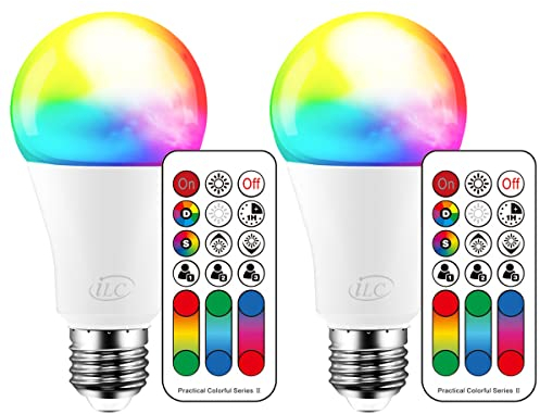 iLC Farbwechselnde LED-Glühbirne, 120 Farben, 70-Watt-Äquivalent, DIY-Blitz, warmweißes 2700K-RGB mit Fernbedienung, LED 10W A60 E27-Schraube (2er-Pack)