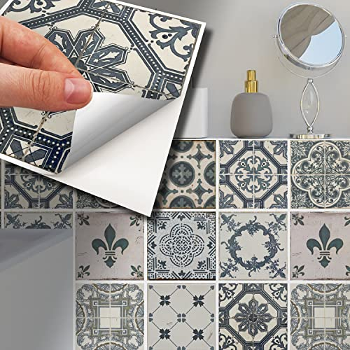 WALPLUS 24 Stück 15x15cm Vintage Blue Azulejo Wandfliesen Aufkleber Küchenrückwand Selbstklebende Fliesen Küche Bad Dekoration Fliesenfolie Fliesenabziehbilder