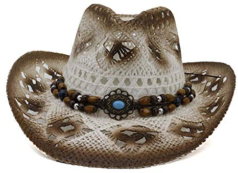 LTSWEET Herren Damen Cowboyhut Stroh Western Cowboyhut Naturstroh Sommer Breiter Krempe Strandkappe Outdoor Camping Sonnenhut UV-Schutz Unisex Erwachsene,Weiß