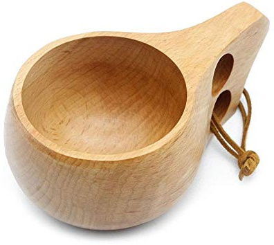 AUOKER Kuksa Birke Cup, Nordic Style Handmade Kuksa Lapland Finnland Holz Trinkbecher mit Leder Lanyard, Handgemachte Holztasse für Wandern, Camping, Küche, Outdoor oder als Geschenk