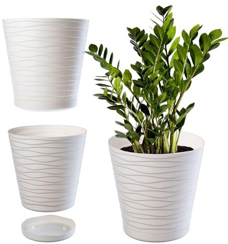 KADAX Pot de Fleurs en Plastique avec Soucoupe Incorporée, Pot de Plantes avec Conception Raffinée pour la Décoration d'Intérieur (25 cm, Ecru)