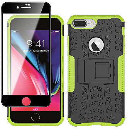Yiakeng iPhone 8 Plus Case, iPhone 7 Plus Phone Case with Screen Protector, Shockproof Silicone Protective with Kickstand for iPhone 8 Plus (Green)