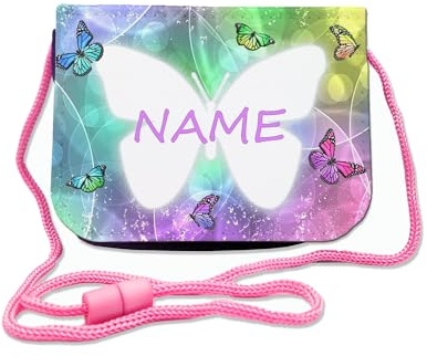 Kinder Brustbeutel mit Name + Schriftartwahl | Klettverschluss mit Schnur zum Umhängen und Klarsichtfach | Geldbeutel personalisiert | 3 Farben (Schmetterling)