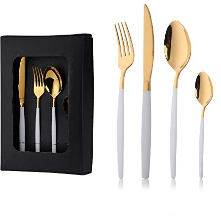 16 Piece White and Gold Cutlery Sets, White Handle Knife Fork Spoon Set, Stainless Steel Flatware Set Service for 4 Dishwasher Safe, 4 Person Dinner Set (White Gold)