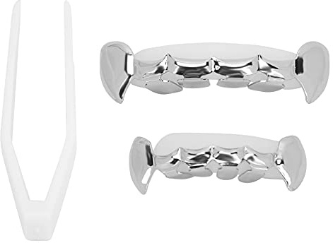 Vergoldete Grillz, Zahnspange Dekoration, Halloween Zähne mit 2 Silikonformleisten Verschiedene 3 Farben Gefälschte Zahnspange für Halloween Partys/Hip Hop Fashion Shows/Musikkonzerte(Silber)