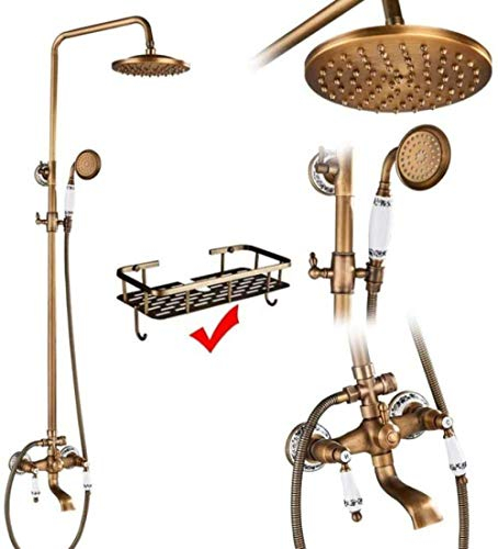 Wieoc Duschsysteme Antik Messing Doppelgriff Wandmontage Bad Dusche Wasserhahn Set mit Duschablage Bad Duscharmatur-E02