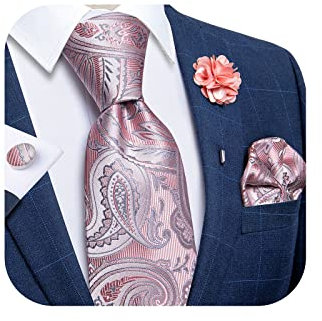 DiBanGu Ensemble cravate et broche de revers en soie pour homme - Carré de poche tissé - Motif cachemire à rayures - Cravate solide - Pour fête de mariage, Cachemire Rose poudré, taille unique