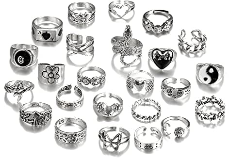 TOFBS Vintage Silber Punk Ringe Set für Männer Frauen Offene Knuckle Emo Ring Stapelbare Gothic Rings Set Fingerringe Boho Y2K Schmetterling Schlange Schädel Herz Blume Ringe (24 Stück)
