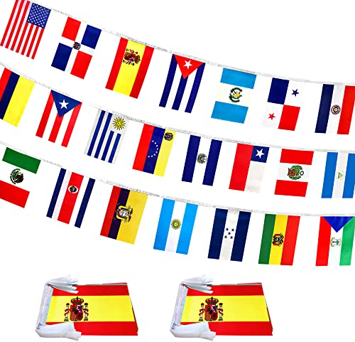 WEITBF 2 Set 22 Länder spanische sprechende Flaggen Banner String – verschiedene Lateinamerika Latino Flaggen für Heritage hispanische Monatsdekoration, 18 m 44 Flaggen