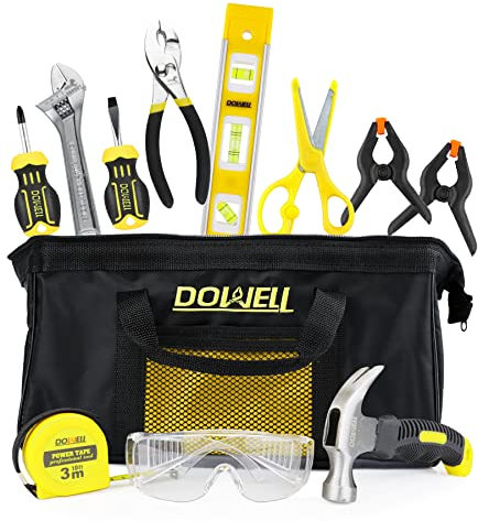 DOWELL Kinder-Werkzeug-Set mit Werkzeugtasche inklusive Echtmetall-Handwerkzeuge für Jungen und Mädchen, Kinder & Junior-Lernwerkzeug-Set für Zuhause, DIY, Alter 8 +