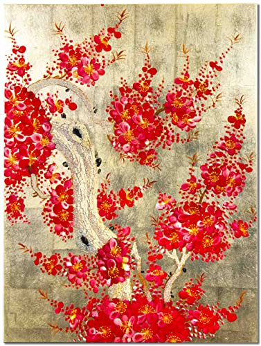 Art Saigon Tableau en Bois Laqué Peint, Fleur de Cerisier, Fait Main, H40xL30cm - Peinture Mural de Décoration, Style Asiatique - Artisanat du Vietnam (S44-7021)