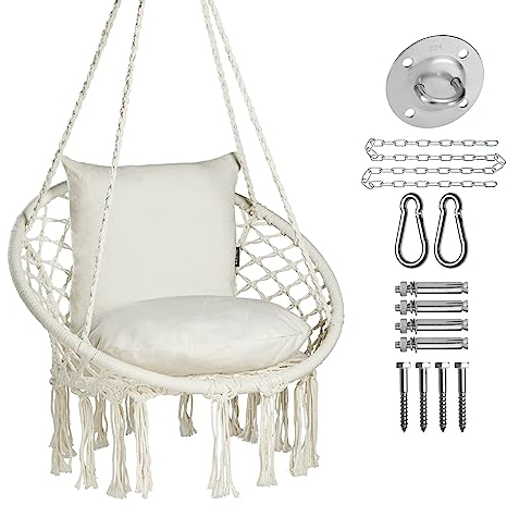JoyView Makramee-Stuhl, Hängeschaukelstuhl, max. 150 kg, Hängemattenstuhl mit 2 Kissen und Hardware-Kits, Baumwollseil, Stuhl für drinnen und draußen, Schlafzimmer, Terrasse, Garten, Beige