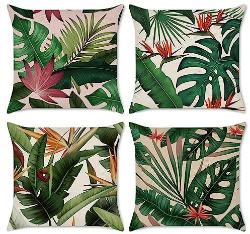 Bonhause 4er Set Kissenbezüge Tropische Blätter 45 x 45 cm Grüne Blätter Pflanzen Polyester Leinen Dekorative Kissenhülle Sommer Zierkissenbezüge für Garten Outdoor Wohnzimmer Zuhause Dekoration