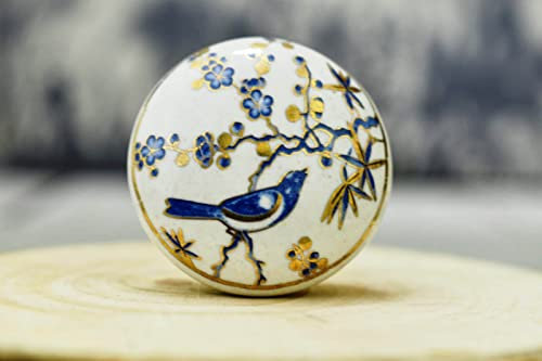 ARTISNO Printed Ceramic Knobs - Set of 10 Bird Print Ceramic Knobs for Kitchen Cabinet Drawer | Decorative Cupboard Door & Wardrobe Drawer Pulls Furniture Hardware Handle (1.5-inch Diameter) (Blue)
