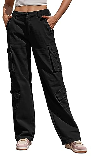 Fuakesor Cargohose Damen Baggy Y2K Multi Taschen High Waist Stretch Wanderhose Sport Jogginghose mit Elastischen Knöcheln(Schwarz,L)