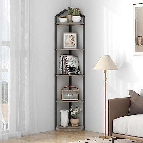 Fun Memories 5 Tier Corner Shelf, 70” Corner Shelf Stand, Corner Bookshelf Plant Stand, Storage Shelf for Bathroom, Living Room, Kitchen,Grey Home Office, Grey