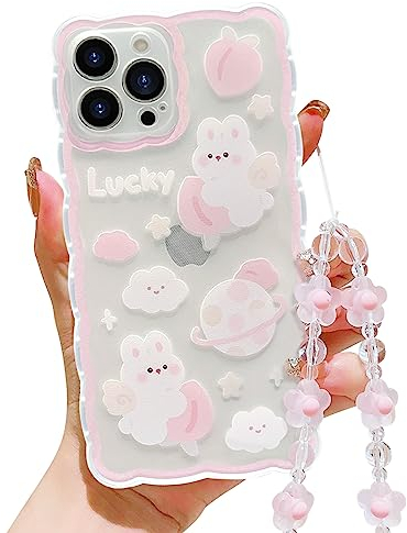 HZLFCZL Handykette Kompatibel mit iPhone 12 Pro Max Hülle mit Kette,Cute Planet Kaninchen Muster Design Handy Kette Schutzhülle,Kameraschutz Handyhülle Girls Women Kawaii Soft TPU Transparent-Rosa