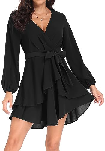 PCEAIIH Women's Cocktail Dresses Long Sleeve Empire Skater Dress Deep V-Neck Waist Tie Ruffle Mini Swing Dresses 2XL Black