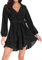 PCEAIIH Women's Cocktail Dresses Long Sleeve Empire Skater Dress Deep V-Neck Waist Tie Ruffle Mini Swing Dresses 2XL Black