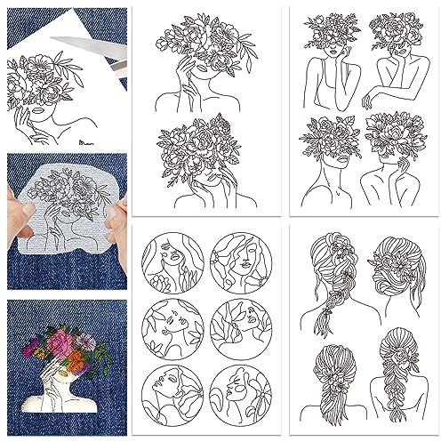 GLOBLELAND 4 Blatt, 16 Stück, Wasserlösliche Blumen- Und Lady-Stabilisatoren, Handnähstabilisatoren Mit Vorgedrucktem, Selbstklebendem, Abwaschbarem Stick-And-Stitch-Stabilisator