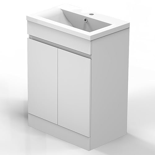 Skybathroom 600mm Matte White Bathroom Vanity Unit with Ceramic Basin Freestanding Storage Cabinet 2 Doors