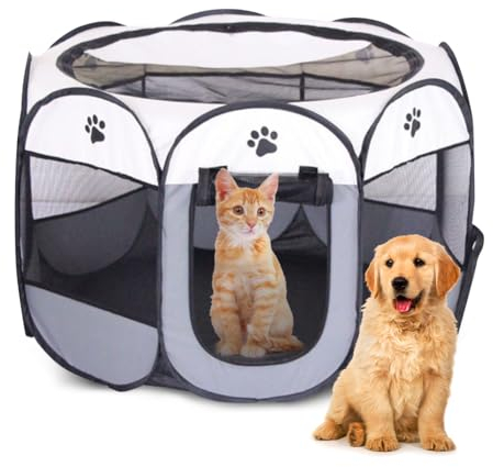 Recinto Cani da Interno, 74x74x43cm Recinto per Gatti, Box Pieghevole per Cane, Gabbia per Gatto Esterno, Box per Cucciolo Gattini Conigli, Grigio
