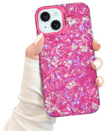 DiyGody Glitter Case Compatible for iPhone 15 with Luxury Sparkle Colorful Pearl Shell Design for Women Girls, Slim TPU Edge Hard PC Back Shockproof Protective Cover for iPhone 15 6.1INCH-Pink