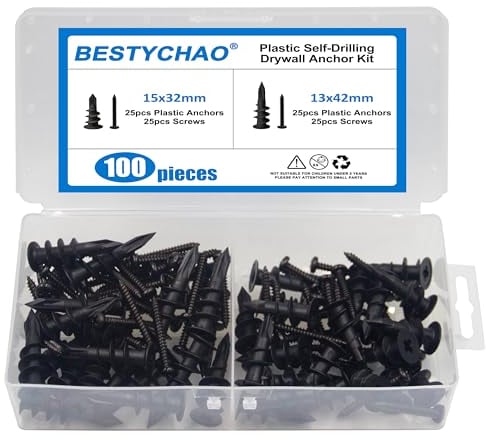 BESTYCHAO Lot de 100 chevilles et vis pour cloison sèche, 50 chevilles murales en plastique nylon et 50 vis, 2 tailles d'ancrages auto-perceuses pour mur de placoplâtre, noir