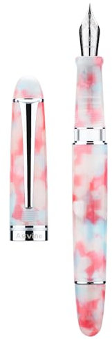 Asvine P50 Piston Fountain Pen Red Marble Resin, Extra Fine Nib Silver Trim Smooth Writer Collection with Pen Case Gift Set