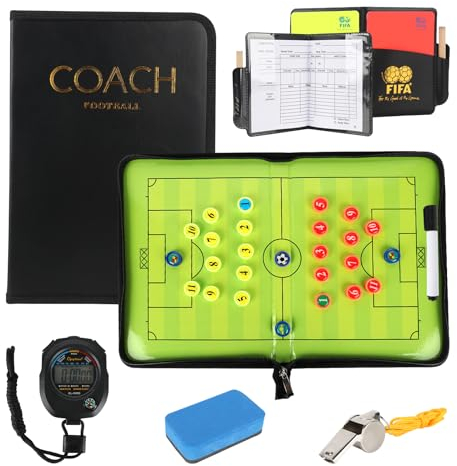 LUFEIS Fußball Taktiktafel, Trainer Trainermappe, Tragbar Trainermappe fußball, mit Rote Gelbe Karte, Magneten, Schiedsrichter Pfeifen, Timer, und Radiergummi, für Taktische Anleitungen und Training