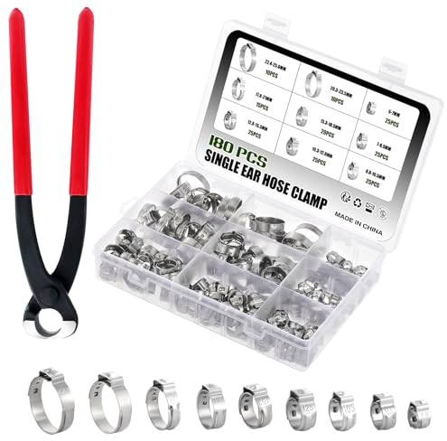WiMas 180PCS Acier inoxydable 304 6-25.6mm Colliers de serrage à simple oreille, Collier de serrage pour tuyau, anneaux de serrage pour tuyau avec pince de serrage (9 tailles)