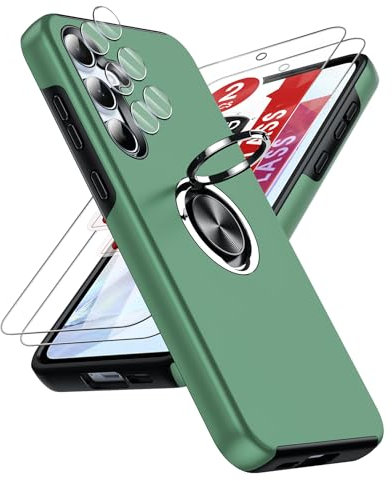 LeYi Funda para Samsung Galaxy A55/A 55 5G con 2× Protector de Lente de Cámara,2× Cristal Templado, Carcasa con 360 Grados Metálico Anillo Hard PC Silicona Antigolpes Case, Verde Lima