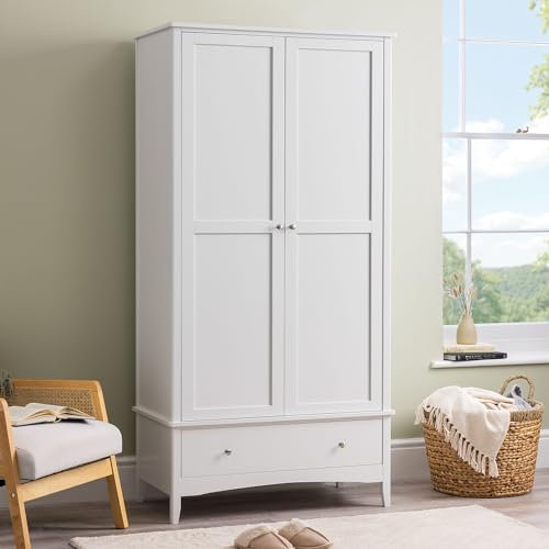 Christow White Double Wardrobe with Drawer, 2 Door Storage Organiser Cupboard, Modern Wooden MDF Bedroom Furniture, Clothes Rail, Shelf, Brushed Chrome Handles, Soft Shut Hinges, 185cm x 94.5cm x 50cm